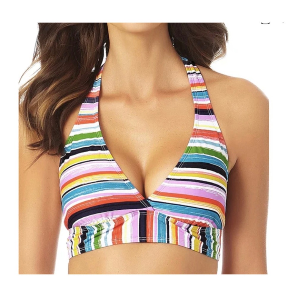Anne Cole Painted Sky Multi Stripe Halter Bikini Top Removable Cups‎ Large  NWT